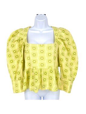 Zara Embroidered Openwork Puff Sleeve Peplum Top Size Small